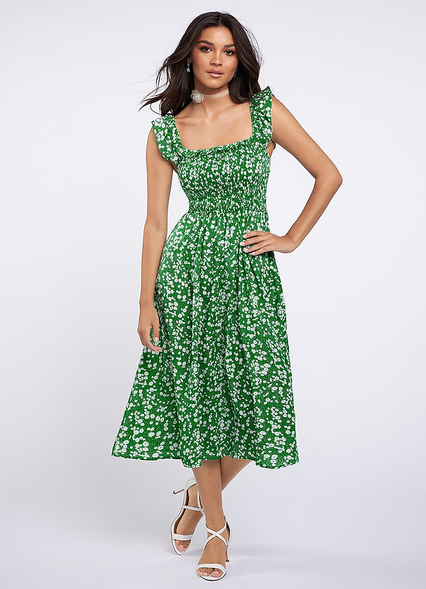 Green Oakville Green Floral Print Sleeveless Smocked Midi Dress | Azazie