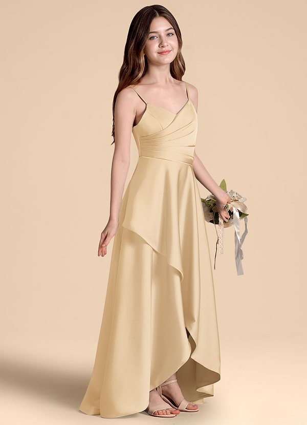 Azazie Prisha Junior Gold A-Line Pleated Stretch Satin Dress image1