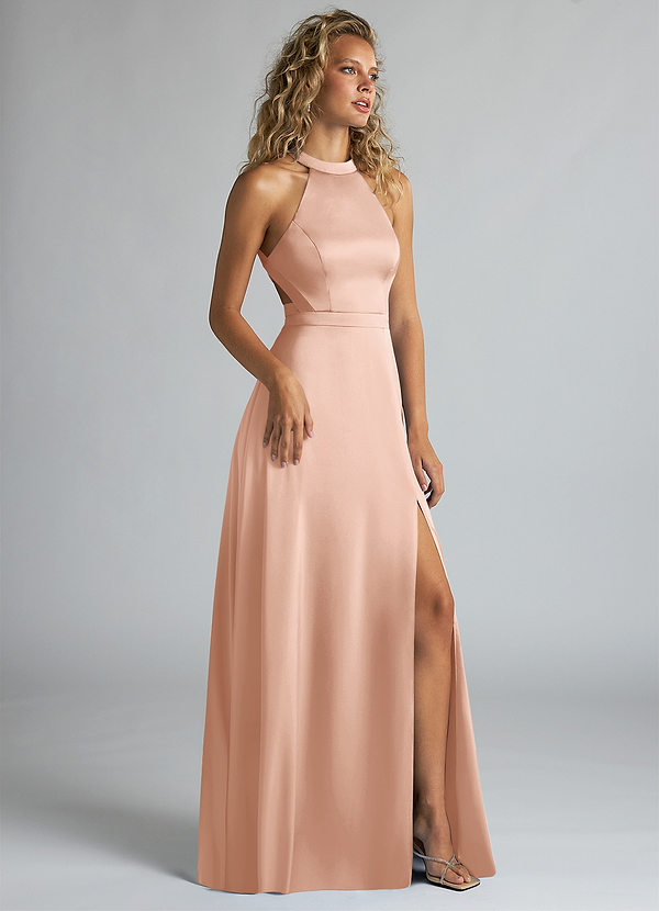 Azazie Clarice Robes Demoiselle d'honneur Robe Trapèze en Satin extensible Col Haut Or Rose image1