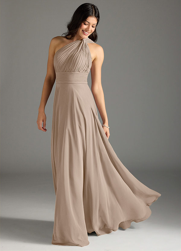 Azazie Charlize Bridesmaid Dresses Taupe A-Line One Shoulder Chiffon Dress image1