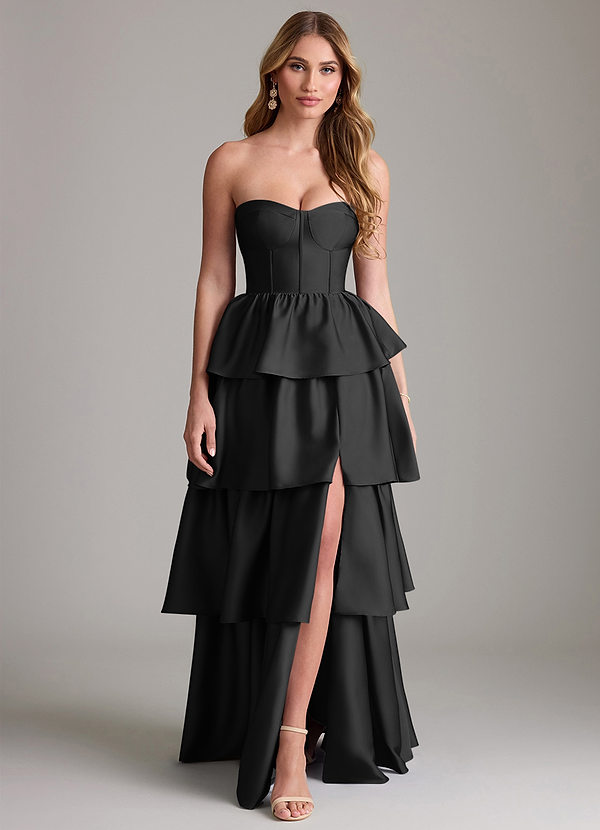 Azazie Faye Bridesmaid Dresses Black A-Line Ruched Stretch Satin Dress image1