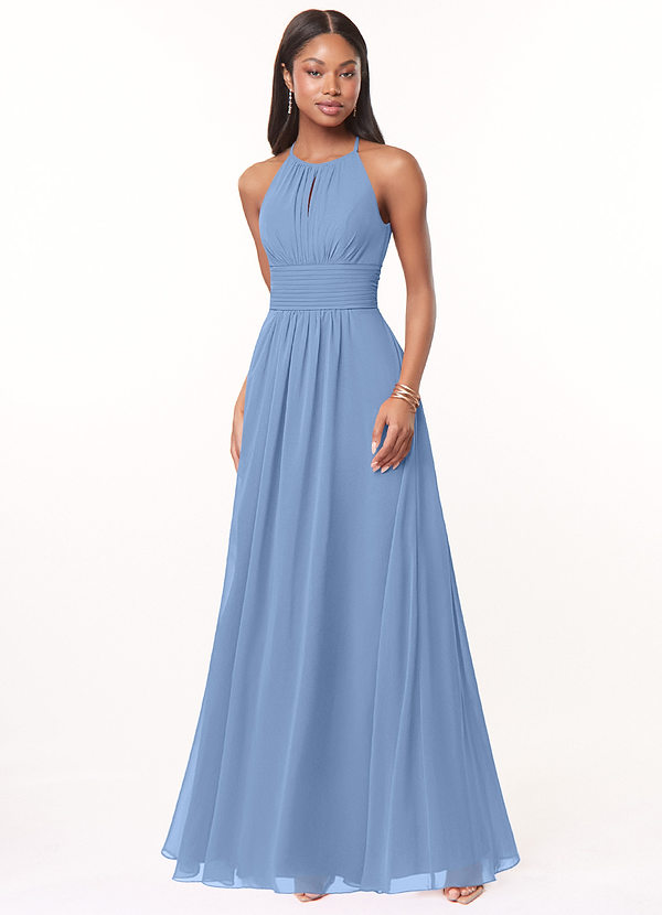 Azazie Bonnie Bridesmaid Dresses Steel Blue A-Line Keyhole Ruched Chiffon Dress image1