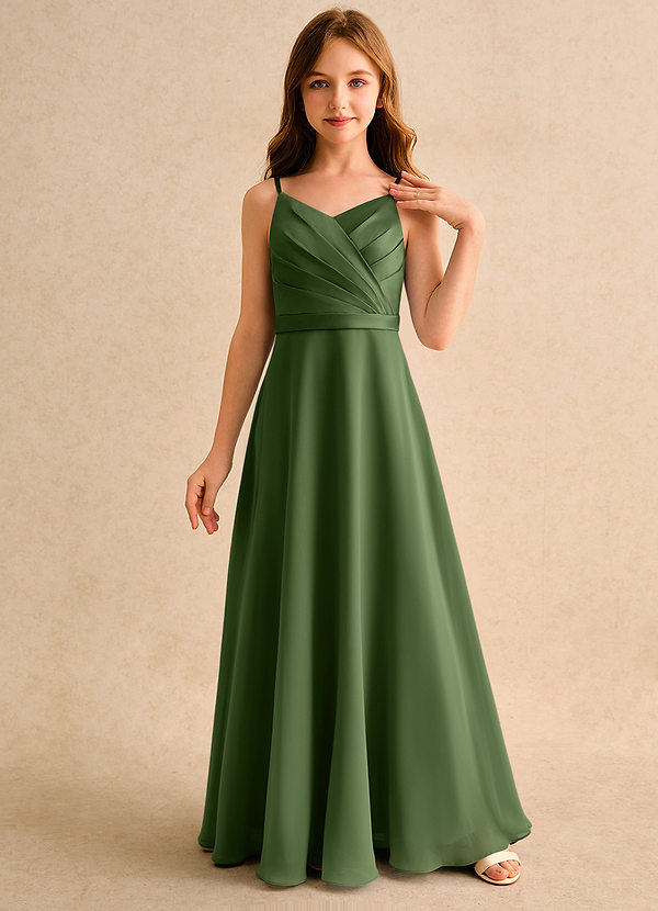 Azazie Umina Girls Formal Bloemenmeisjes Jurken A-Lijn Jurk van Mat Satijn Geplooid Olijf image1