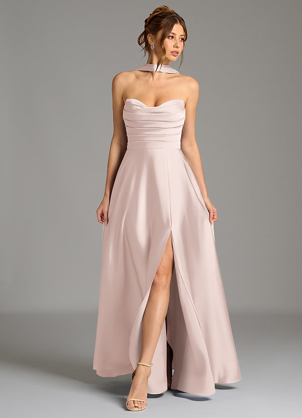 Azazie Ayla Bridesmaid Dresses Blushing Pink A-Line Corset Stretch Satin Dress image1