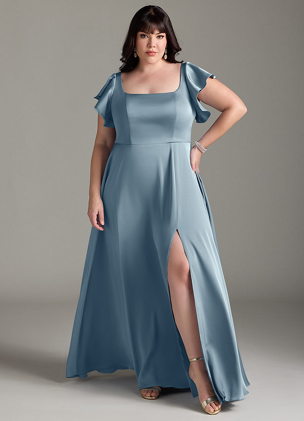 Azazie Bondi Bridesmaid Dresses Dusty Blue A-Line Bow Stretch Satin Dress image1