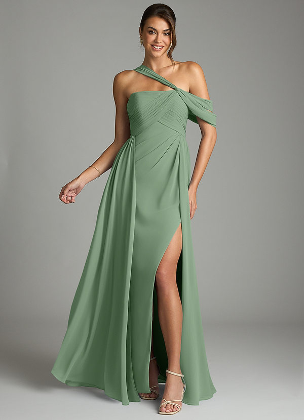 Azazie Kassandra 신부 들러리 드레스 A라인 오프 더 숄더 쉬폰 바닥 길이 드레스 image1