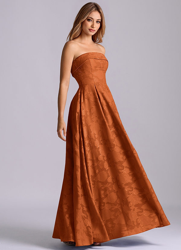 Azazie Lucienne Bridesmaid Dresses Burnt Orange A-Line Strapless Floral Burnout Dress image1