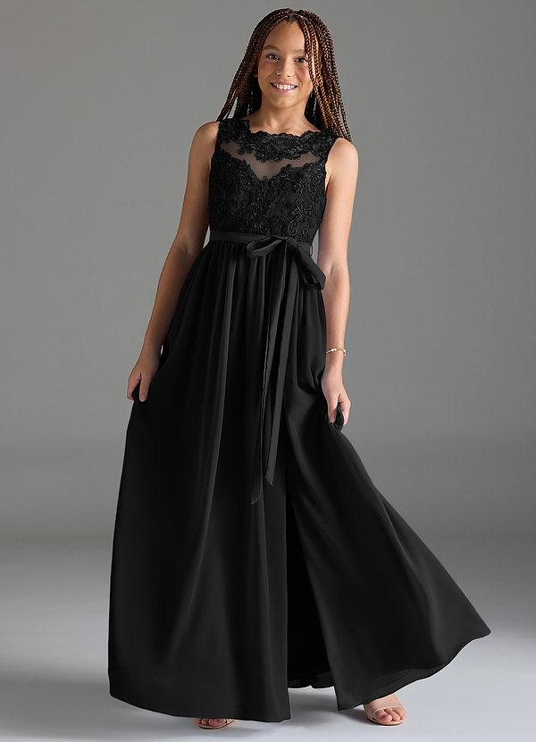 Azazie Elly Junior Black A-Line Lace Chiffon Dress image1