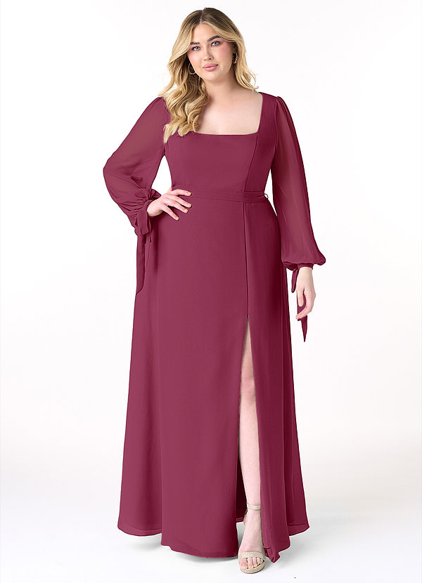 Azazie Leonia Bridesmaid Dresses Mulberry A-Line Long Sleeve Chiffon Dress image1