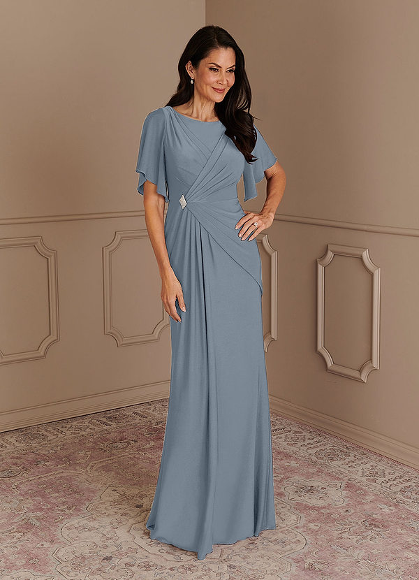 Azazie Louanne Mother of the Bride Dresses Mermaid Boatneck Pleated Luxe Knit Floor-Length Dress image1
