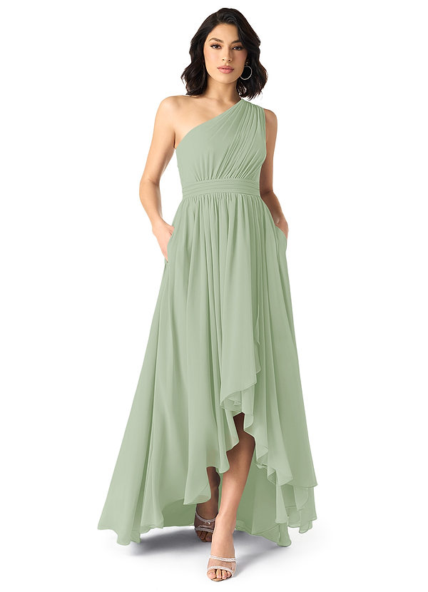 Azazie Mathilda Robes Demoiselle d'honneur Robe Trapèze en Mousseline de soie Ue épaule Vert Sauge image1