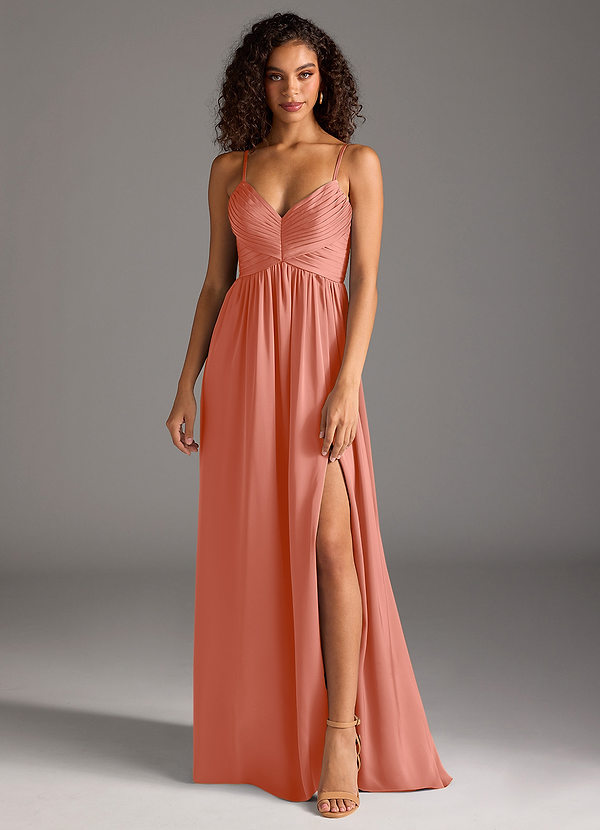 Azazie Alia Bridesmaid Dresses Salmon Pink A-Line Pleated Stretch Satin Dress image1