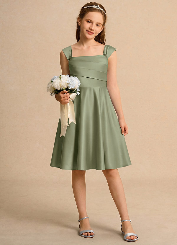 Azazie Budle Girls Formal Flower Girl Dresses Pistachio A-Line Pleated Matte Satin Dress image1