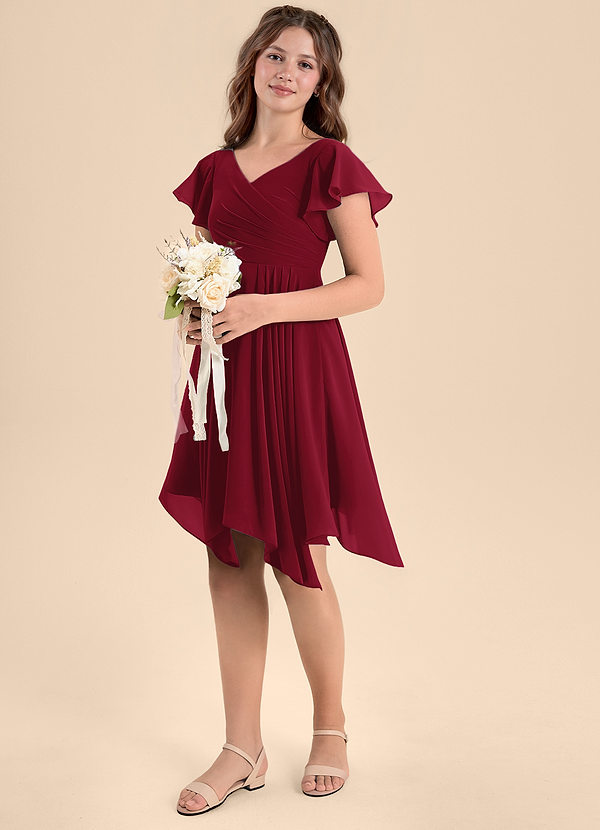 Azazie Janeaurelia Junior Burgundy A-Line Pleated Chiffon Dress image1