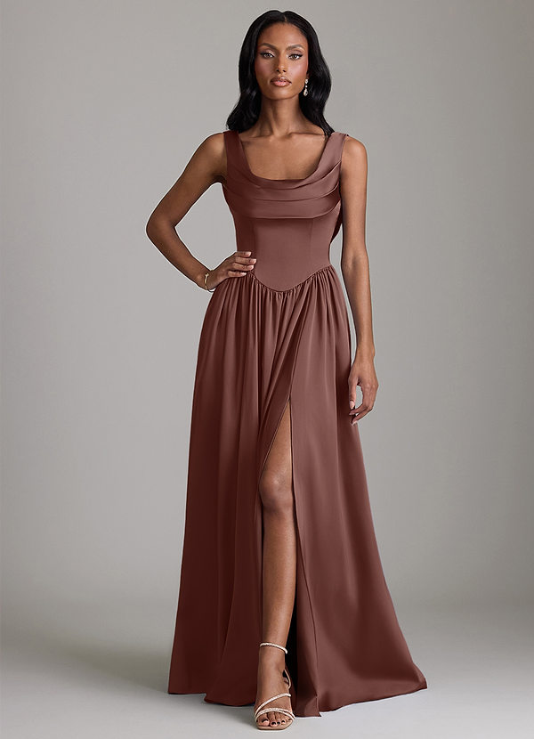 Azazie Novi Bridesmaid Dresses Espresso A-Line with Pockets Stretch Satin Dress image1