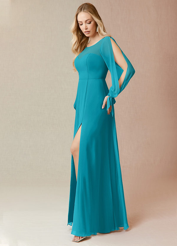 Azazie Geo Bridesmaid Dresses A-Line Long Sleeve Chiffon Floor-Length Dress image1