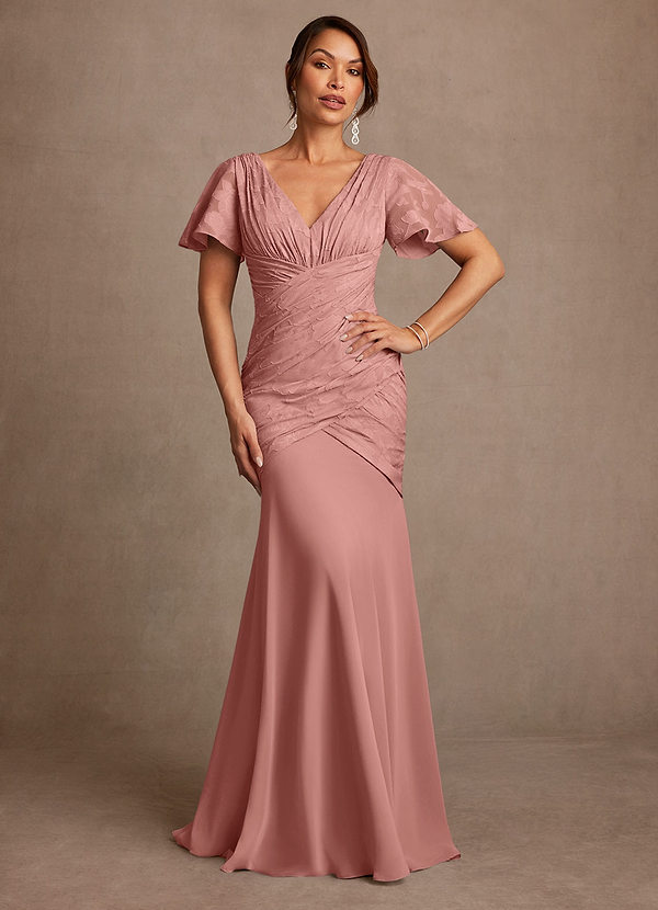 Azazie Jolene 신부의 어머니 드레스 인어 주름진 플로럴 번아웃 플로어 길이 드레스 image1