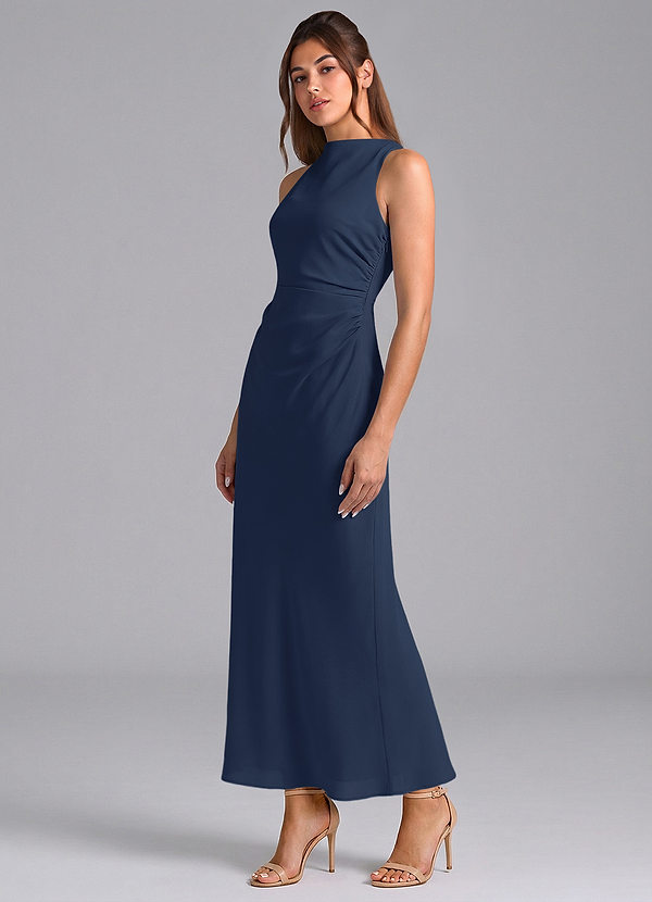 Azazie Evadne 신부 들러리 드레스 쉬스 주름진 쉬폰 발목 길이 드레스 image1