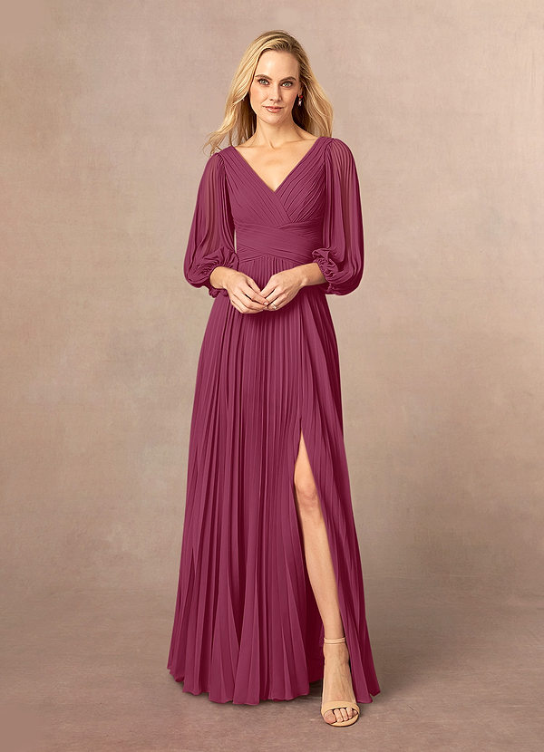 Azazie Zahara Robe Mère de la Mariée & du Marié Robe Trapèze en Mousseline de soie Col V plissé Mûre image1