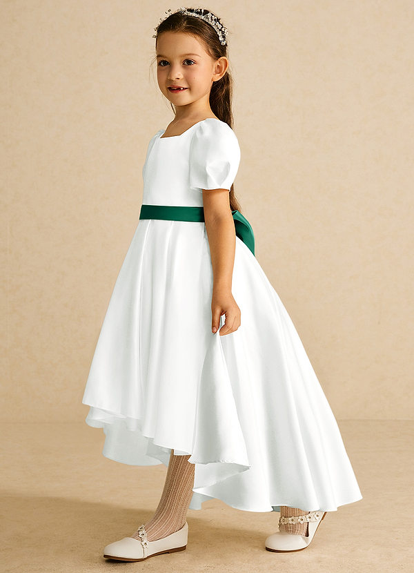 Azazie Zippy Flower Girl Dresses Ivory Emerald A-Line with Sleeves Matte Satin Dress image1