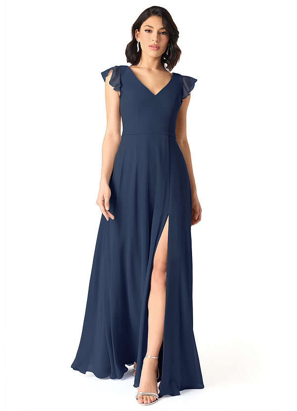 Azazie Claudine Bridesmaid Dresses Dark Navy A-Line Flutter Sleeve Chiffon Dress image1