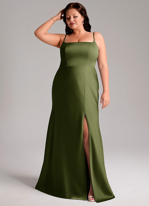 Azazie Lidia Bridesmaid Dresses Olive Mermaid Side Slit Stretch Satin Dress image1