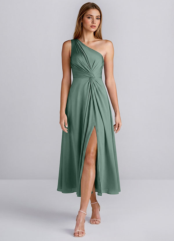 Hermine Eukalyptus Ein-Schulter-Satin-Midikleid mit Schlitz image1