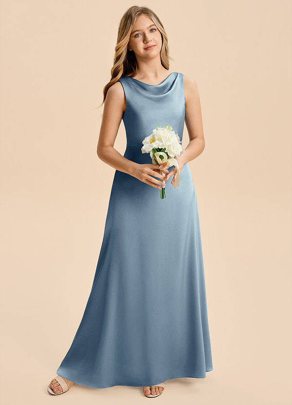 Azazie Kiki Junior Dusty Blue A-Line Bow Stretch Satin Dress image1
