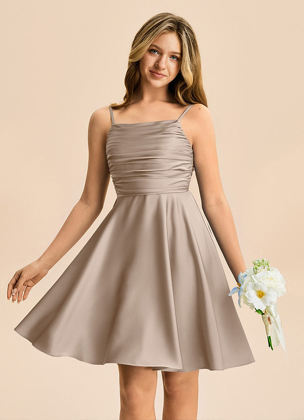 Azazie Miko Junior Taupe A-Line Pleated Stretch Satin Dress image1