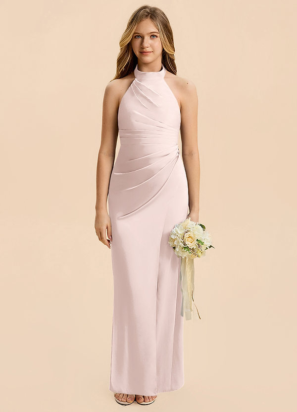 Azazie Jemma Junior Blushing Pink Sheath Ruched Stretch Satin Dress image1