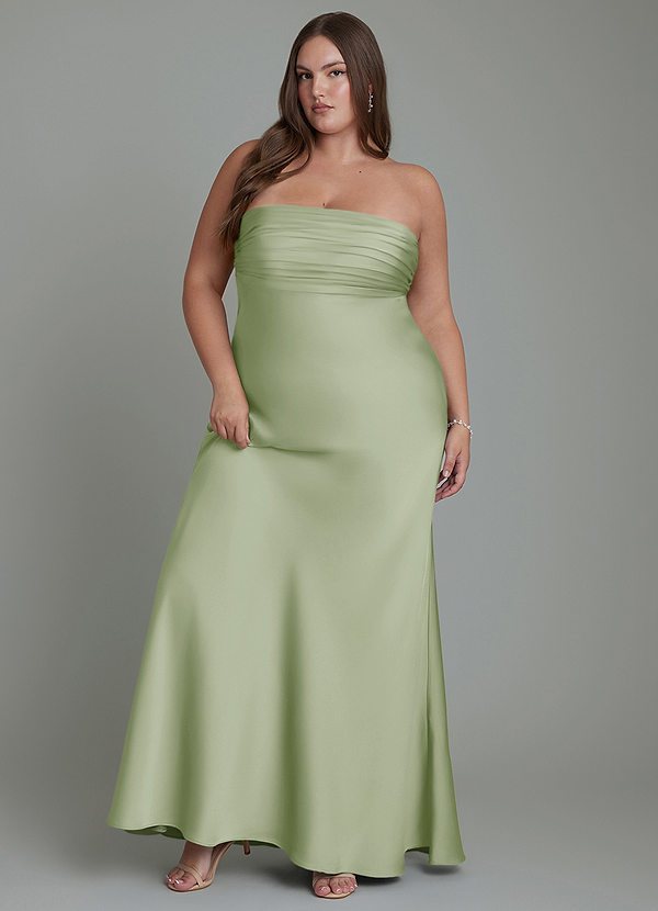 Azazie Saylor Vestidos de dama de honor Vestido Salvia Polvorienta de Satén Elástico de Corte Sirena con Palabra de honor image1