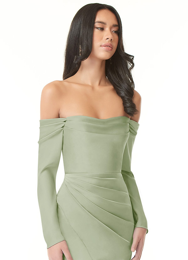 Azazie Hallie Bridesmaid Dresses Dusty Sage Sheath Off-The-Shoulder Long Sleeve Stretch Satin Convertible Dress image1