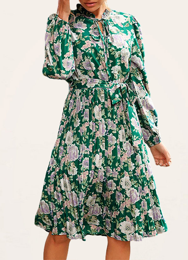 back Mulga Vert Robe mi-longue plissée à manches longues et imprimé floral