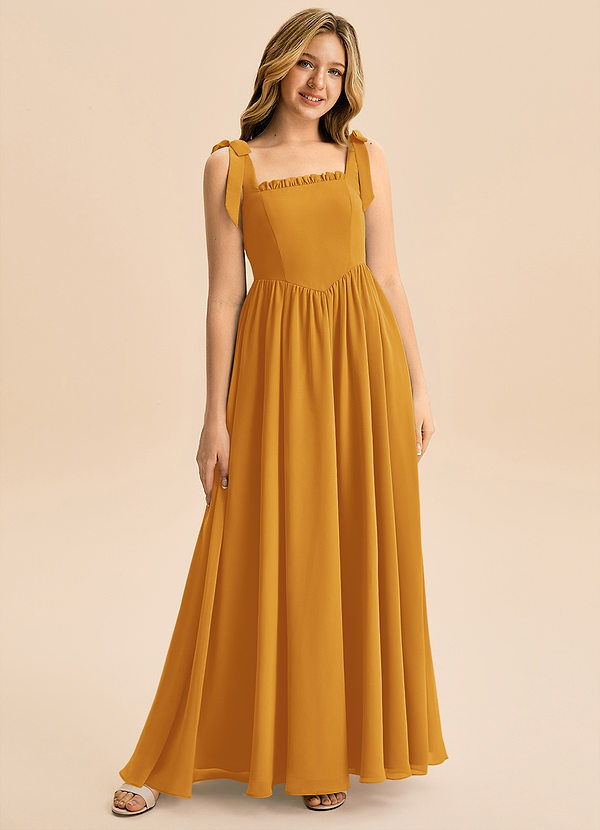 Azazie Delia Junior Abito A-Line in Chiffon Fiocco Caramello image1