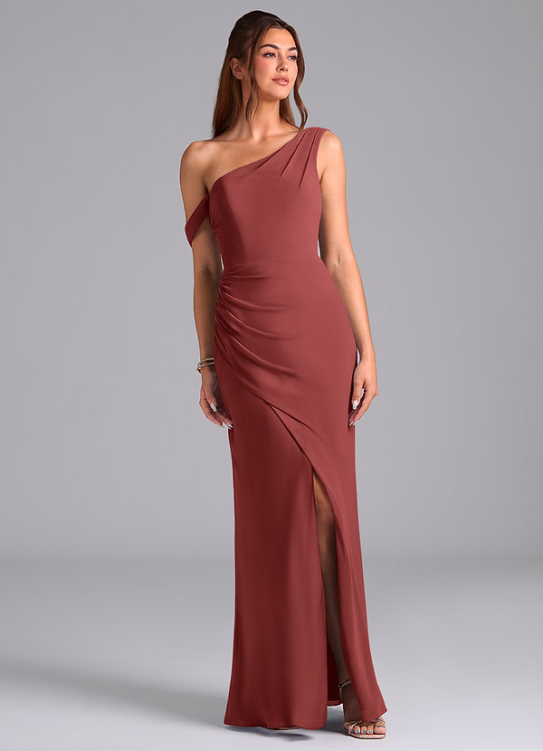 Azazie Madelyn Robes de demoiselle d'honneur Robe Sirène Convertible en Mousseline de soie Asymétrique Terracotta image1