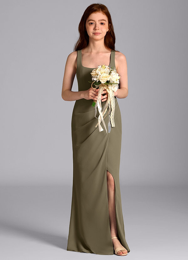 Azazie Mero Junior Vestido de Verde Sauce de Gasa de Corte Sirena con Plisado image1