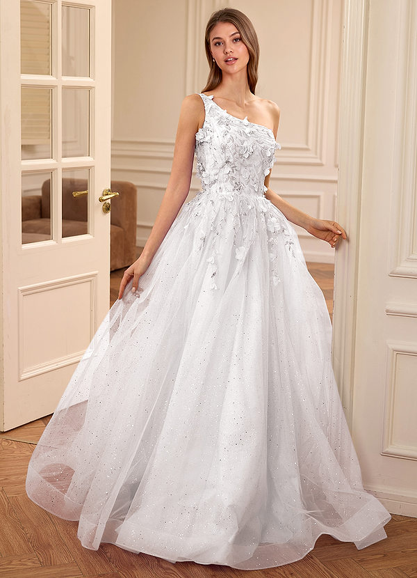 Felicite White Floral A-line Tulle Sequin One Shoulder Glitter Prom Dress image1