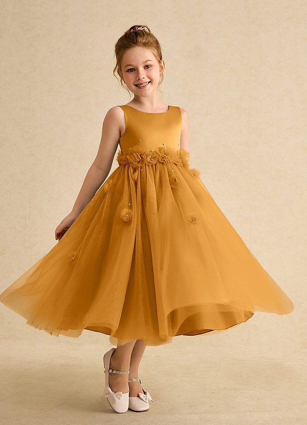 Azazie Lux Flower Girl Dresses Butterscotch A-Line Beaded Tulle Dress image1