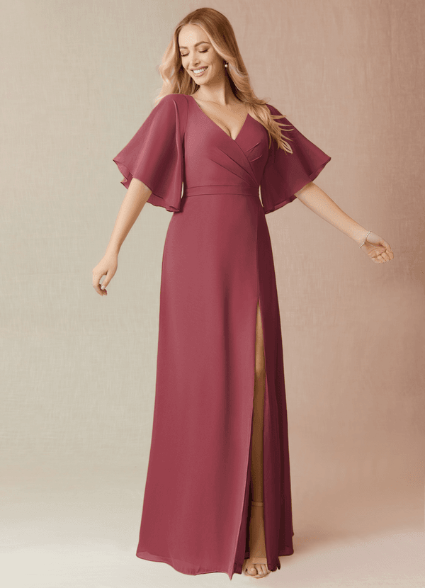 Azazie Cierra Bridesmaid Dresses Merlot A-Line V-Neck Chiffon Dress image1