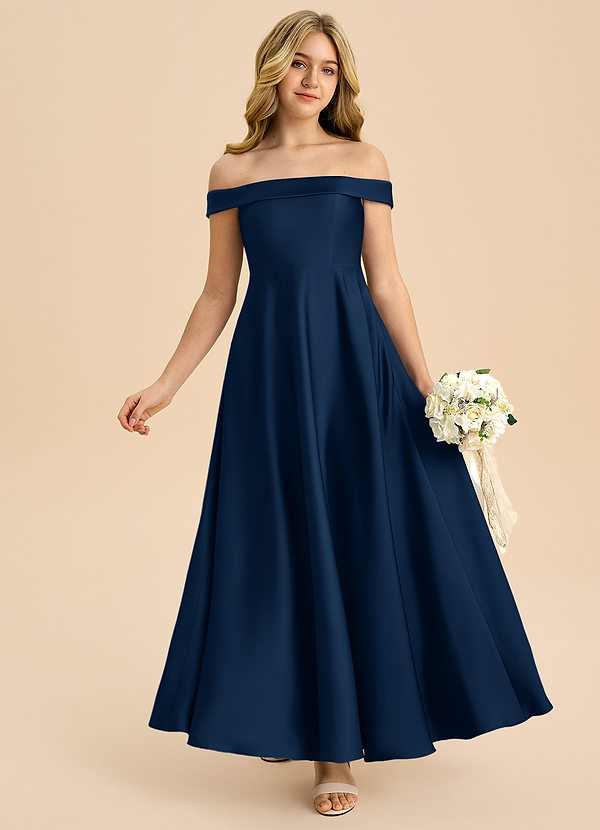 Azazie Sissy Junior Dark Navy A-Line Off the Shoulder Stretch Satin Dress image1