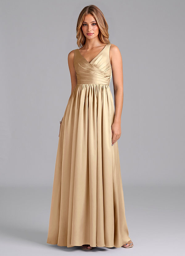 Azazie Keyla Bridesmaid Dresses Champagne A-Line Pleated Stretch Satin Dress image1
