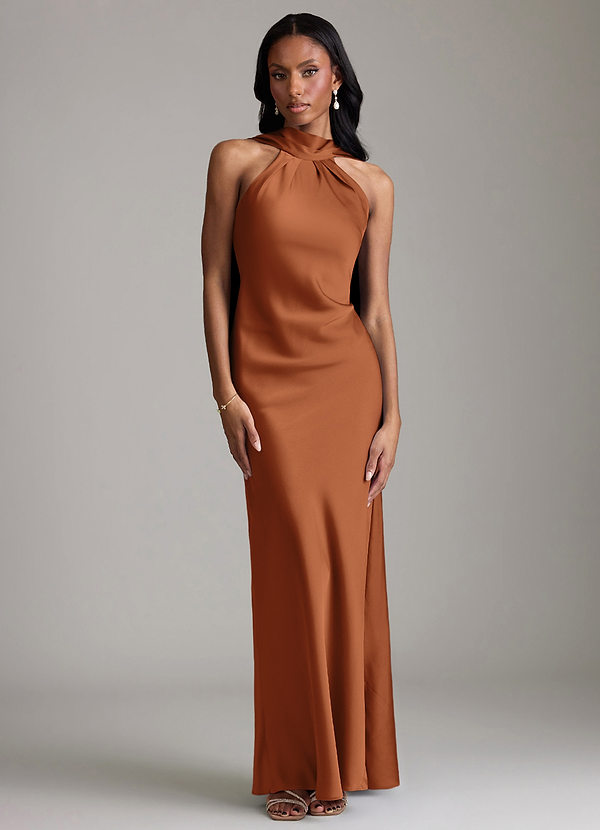 Azazie Cassiana 신부 들러리 드레스 인어 주름진 스트레치 새틴 바닥 길이 드레스 image1