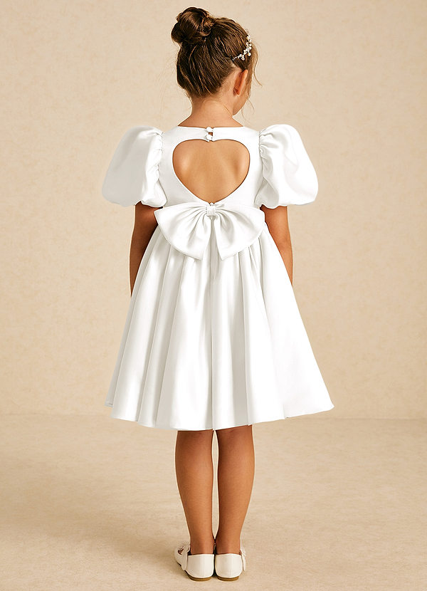 Azazie Muffin Flower Girl Dresses Ivory A-Line with Sleeves Matte Satin Dress image1