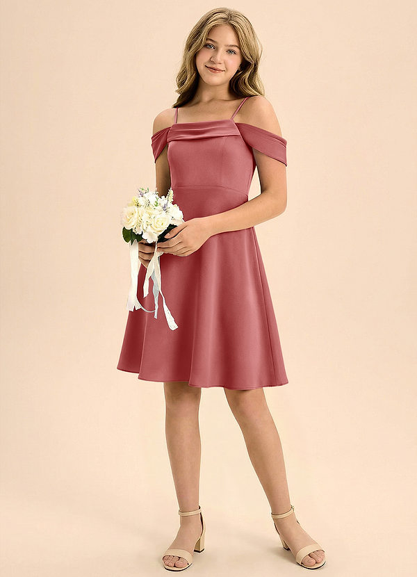 Azazie Anselie Junior A-Linie Plissee Stretch-Satin Kleid Antike Rose image1