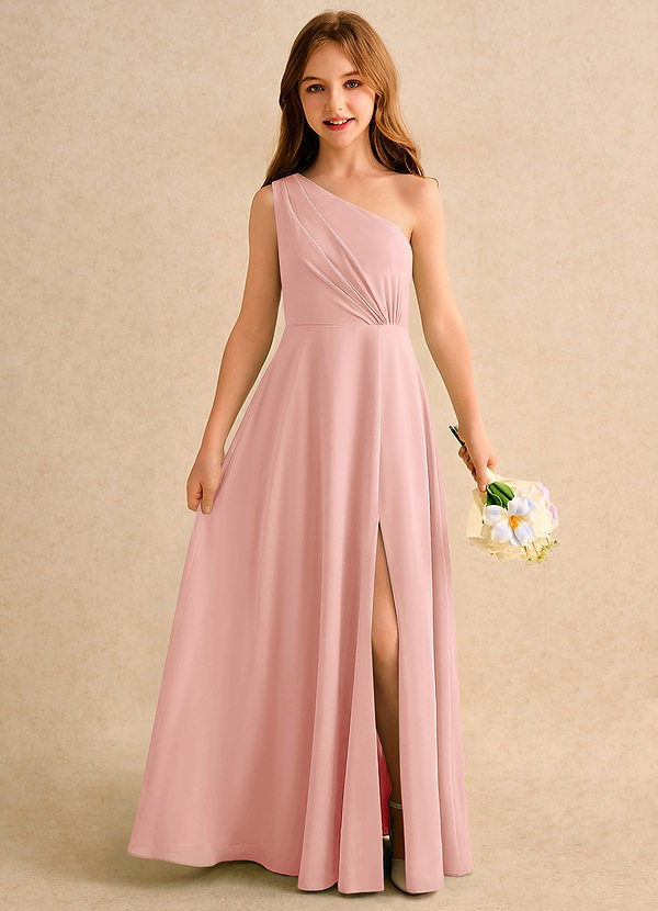 Azazie Puddles Girls Formal Robes de Fillette d'Honneur Robe Trapèze en Mousseline de soie Une épaule Rosette image1