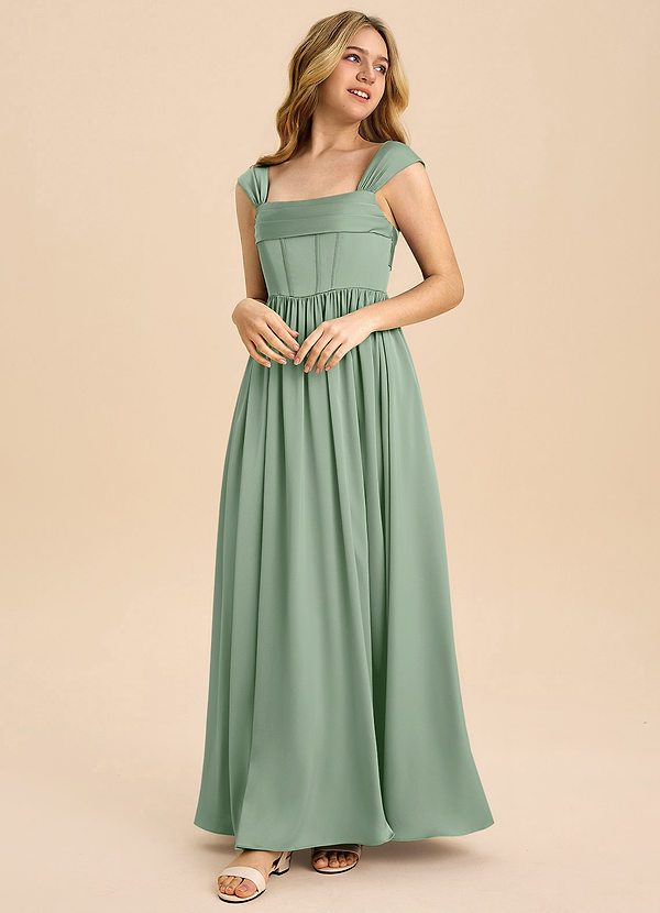 Azazie Hattie Junior Matcha A-Line Pleated Stretch Satin Dress image1