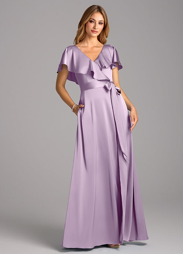 Azazie Lainey Brudepigekjoler En streg med lommer Stræk satin Gulv-længde Kjole image1