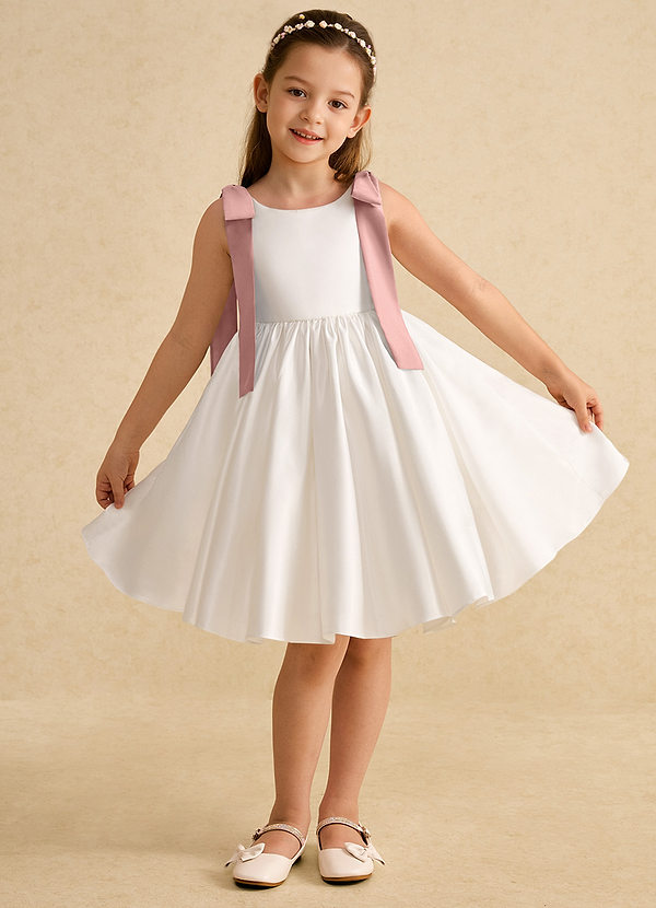 Azazie Stacie Flower Girl Dresses Ivory Rose Gold A-Line Bow Matte Satin Dress image1