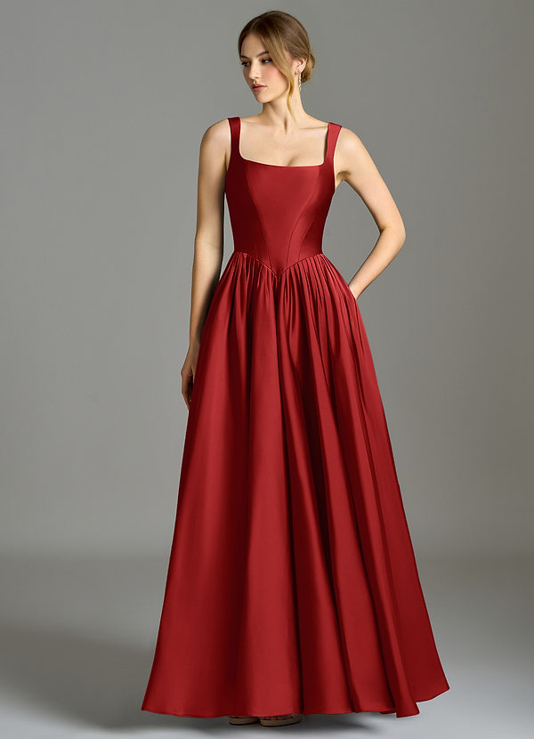 Azazie Verina Bridesmaid Dresses Pomegranate A-Line Pleated Stretch Satin Dress image1