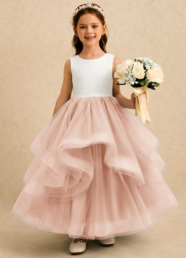 Azazie Madison Abiti da Damigella Bambina Abito Principessa in Tulle Pizzo Avorio Rosa Inglese image1